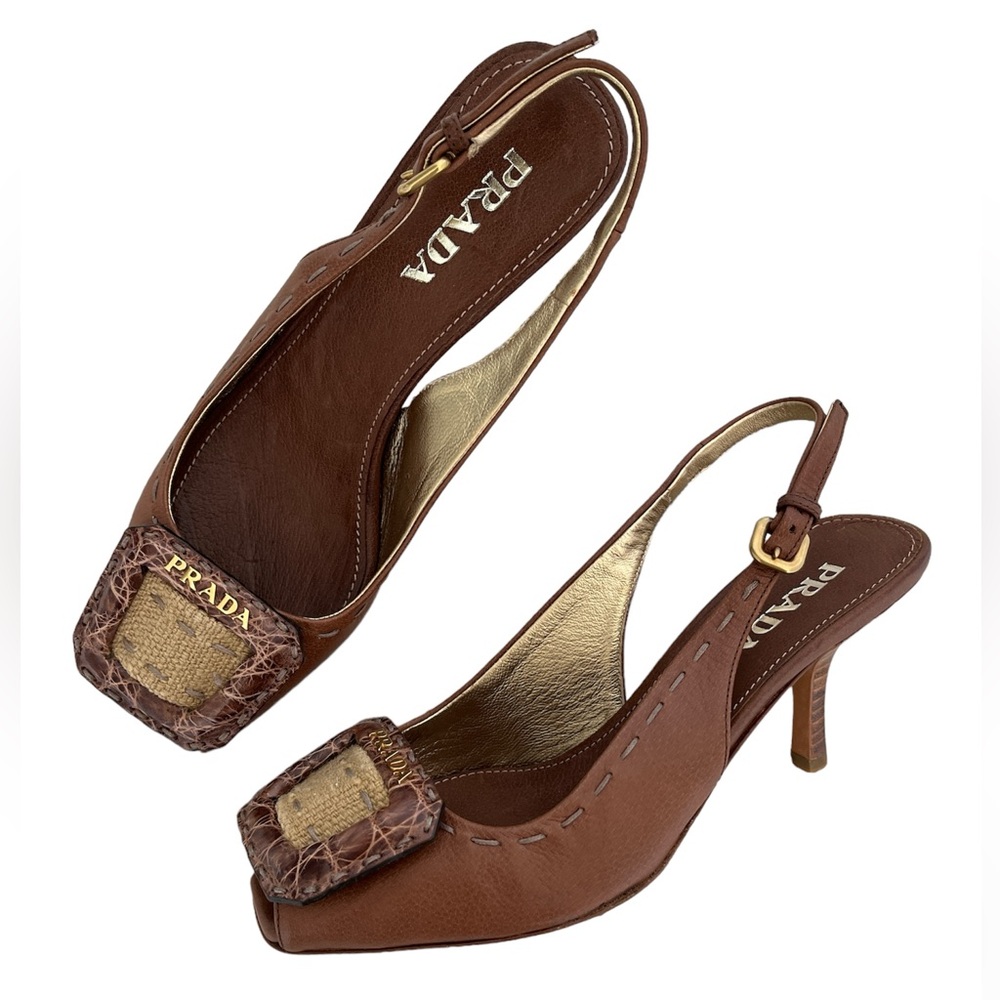 Vintage Prada 90s Logo Raffia Buckle Leather Slingback Sandals Heels Brown 35 5